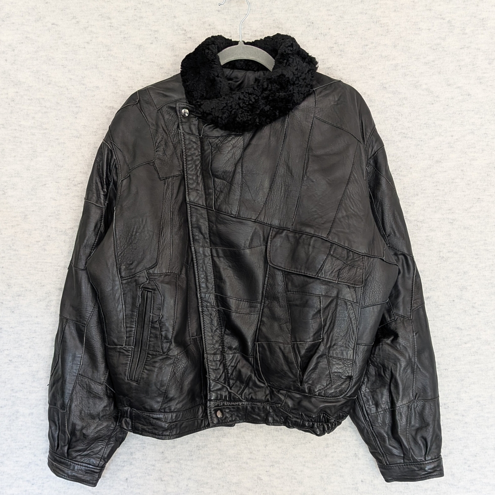 Zerimar Patchwork Black Leather Jacket Fur Collar Sz50 Quilted Lining